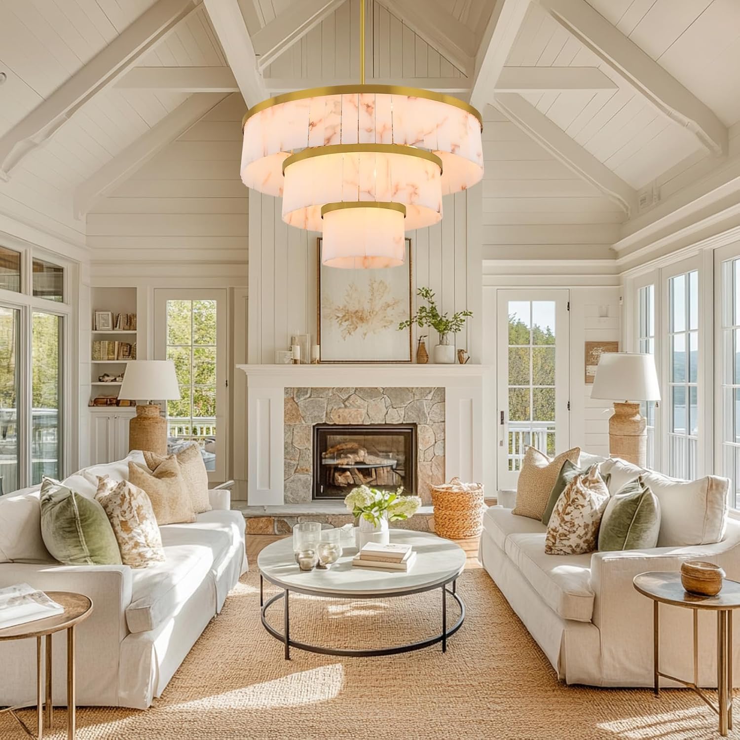 Modern 3-Tier Round Alabaster Chandelier-Gold