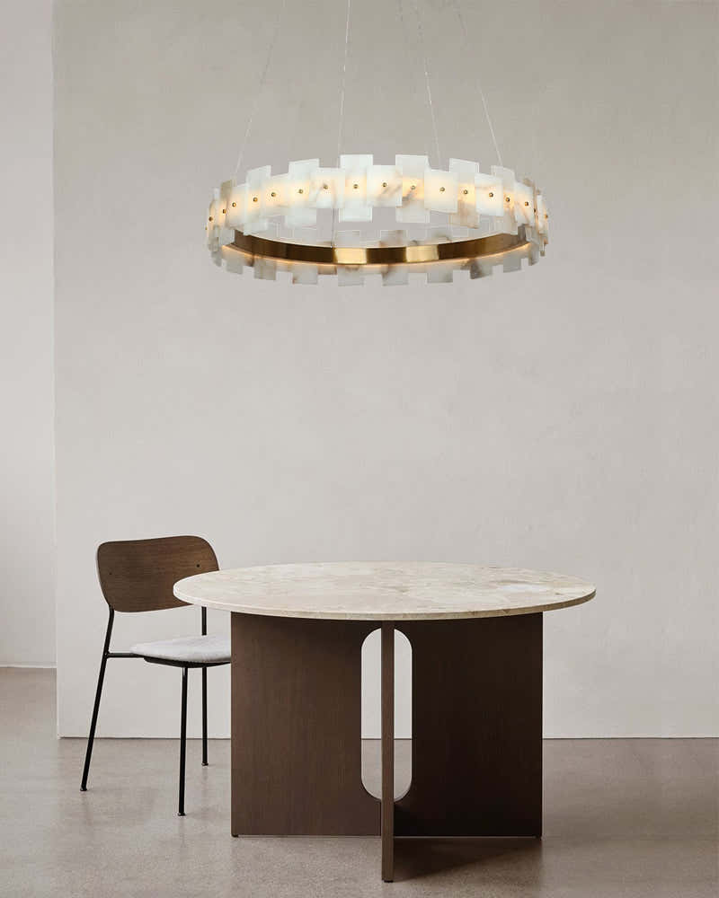 Antique Brass Ring Frame Round Halo Alabaster Modern Lighting Chandelier Wide 31"
