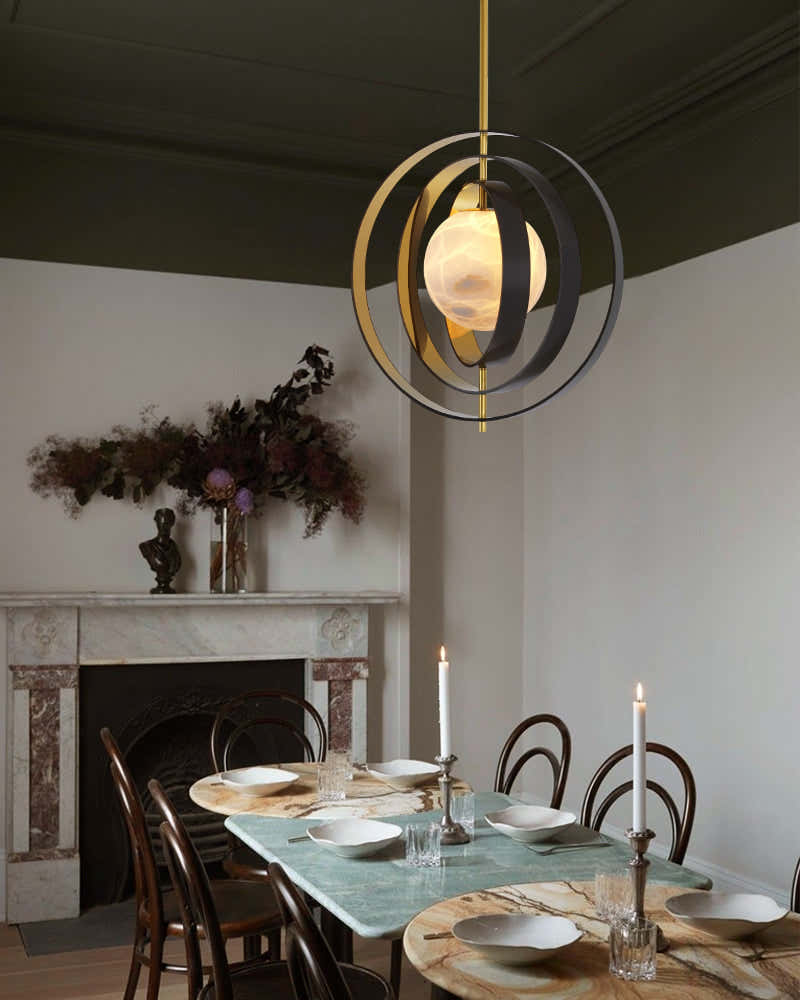 White Alabaster Round Ceiling Pendant Lamp - Gold & Bronze Rotatable Ring