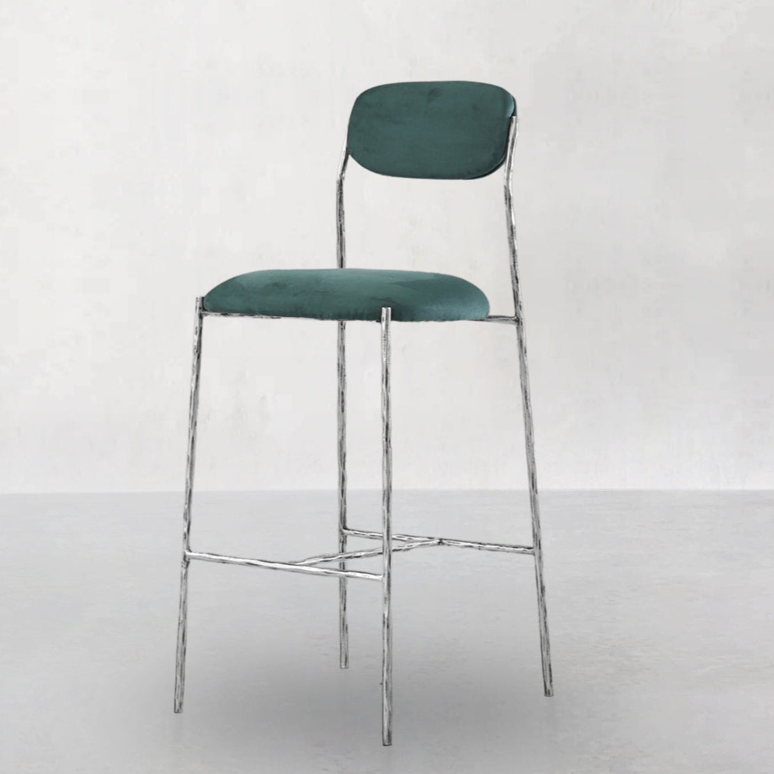 Hand-Forged Metal Green Fabric Bar Stool