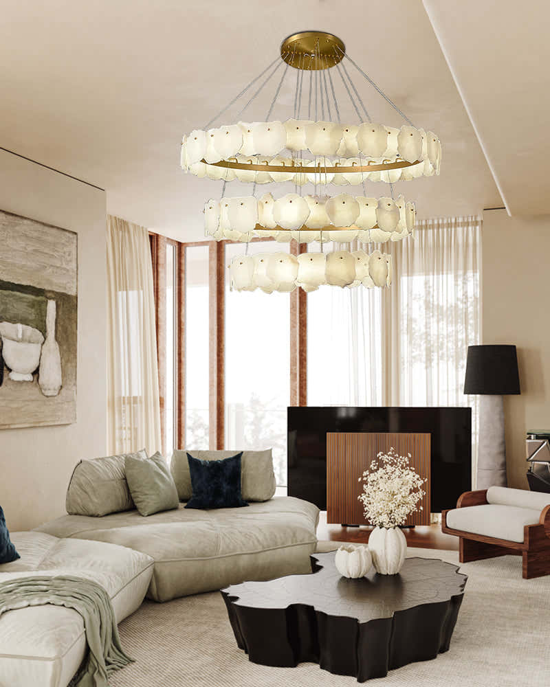 3-tiered stairwell chandeliers | irregular alabaster plate in disk ceiling with long cord