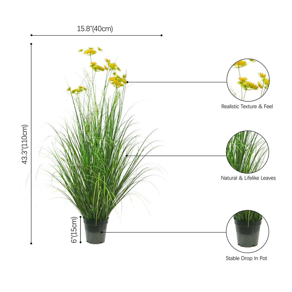 Artificial 6-Head Carrot Flower with Curved Onion Grass Bonsai 43"H