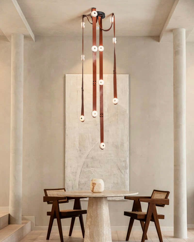 LED Mini SNAPS Module Ceiling Alabaster Pendant Light with Brown Leather Straps