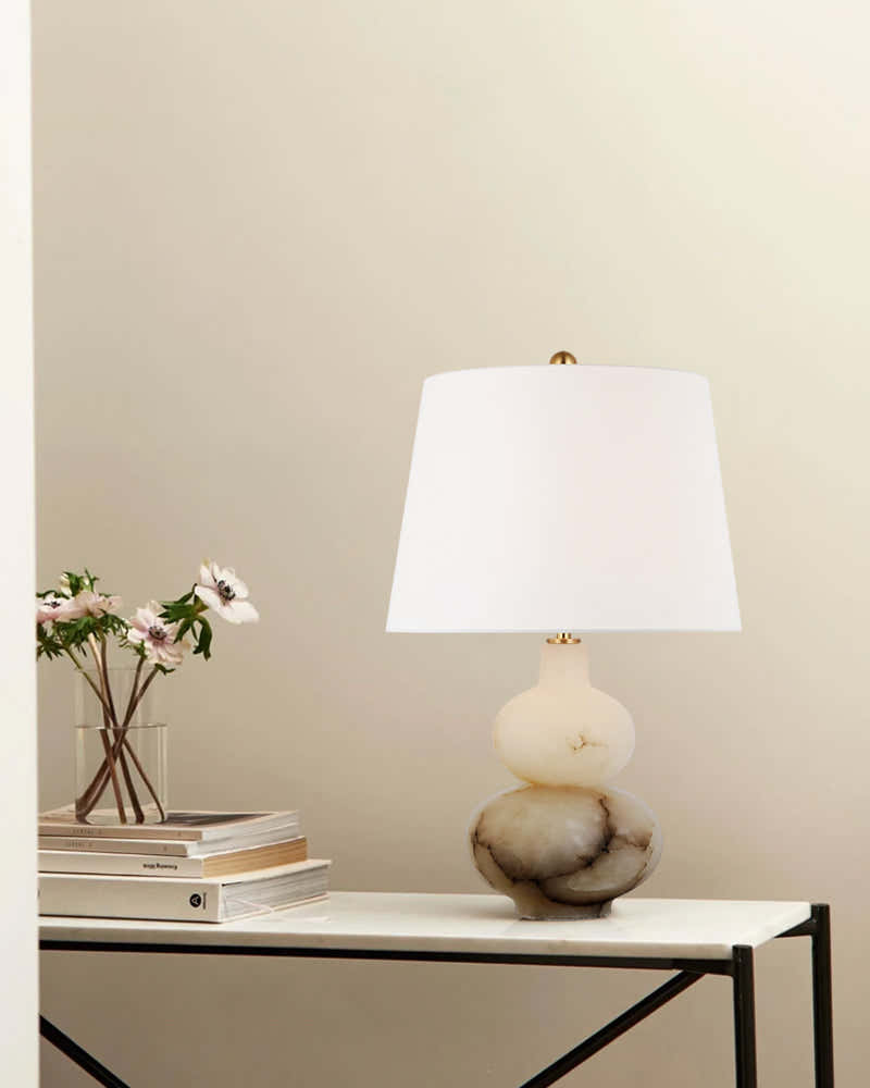 Art Design Arteriors Everly Alabaster Table Lamp Wide 15" with White Linen Fabric Lampshade
