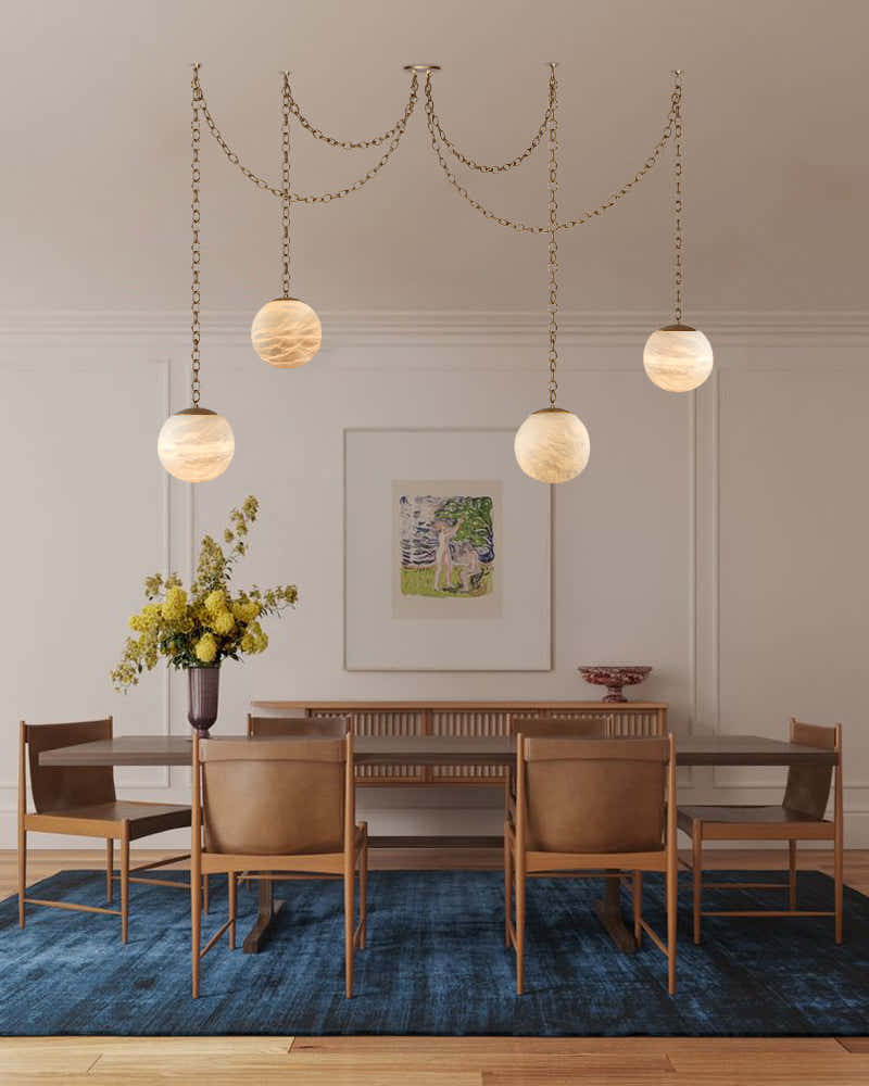 Alabaster Globe Swag Pendants Indoor Lighting with Brass/Black Chain in adjustable