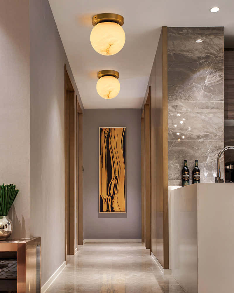 Modern Light Luxury Marble Round Ball Square Copper 1-Light Semi-Flush Mount Ceiling Light