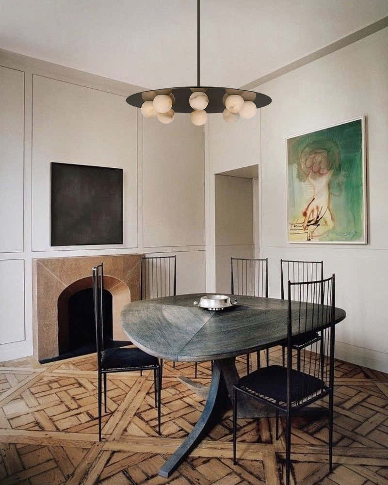 Alabaster Globes LED Disc Pendant Light in Lacquered Brass/Black Stainless Frame
