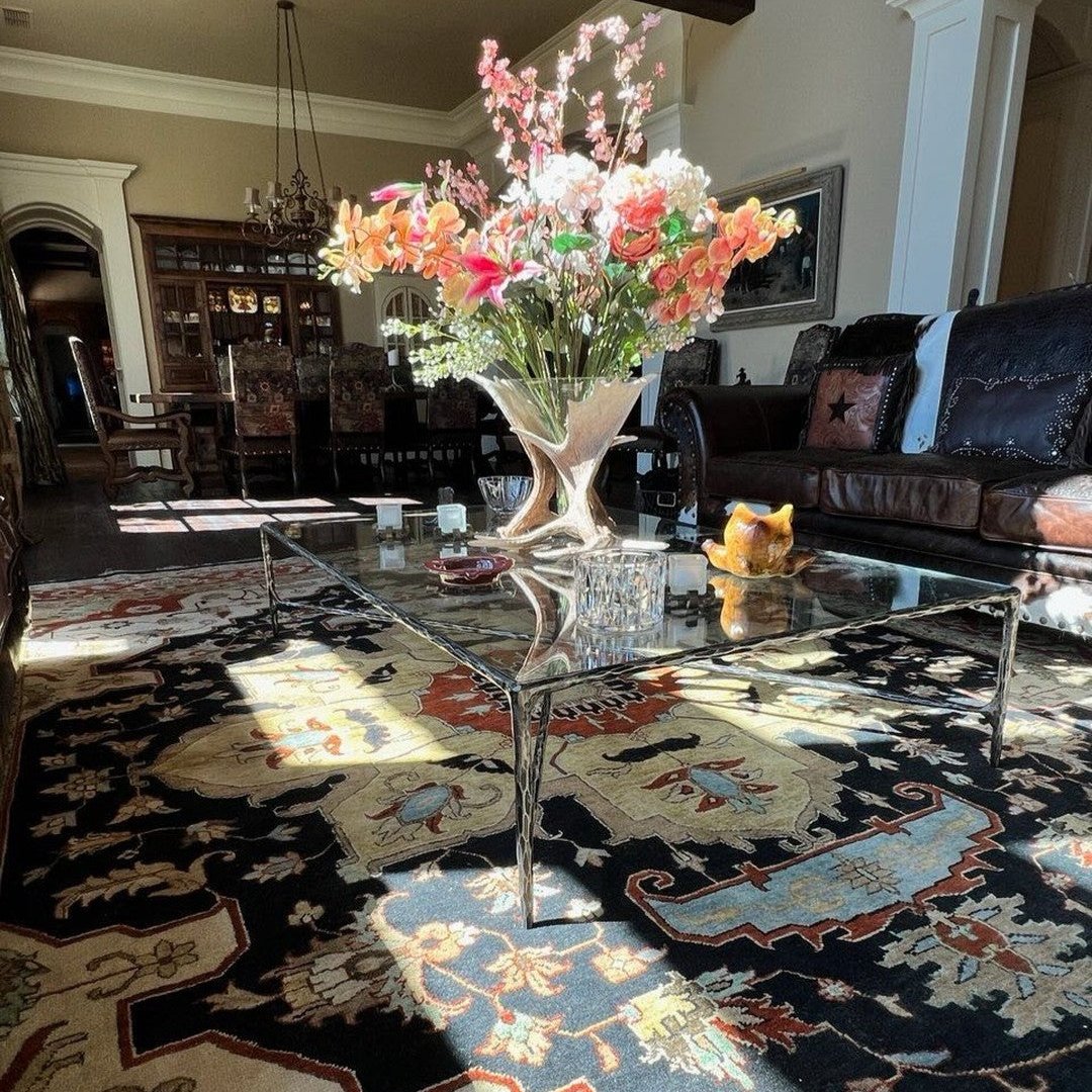 Hand-Forged Metal Square Glass Coffee Table