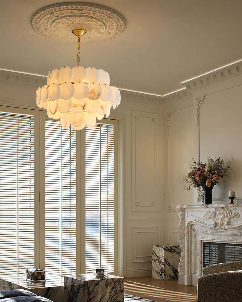 Multi layers Spanish White Alabaster Shell Marble Chandelier lamp in Brass