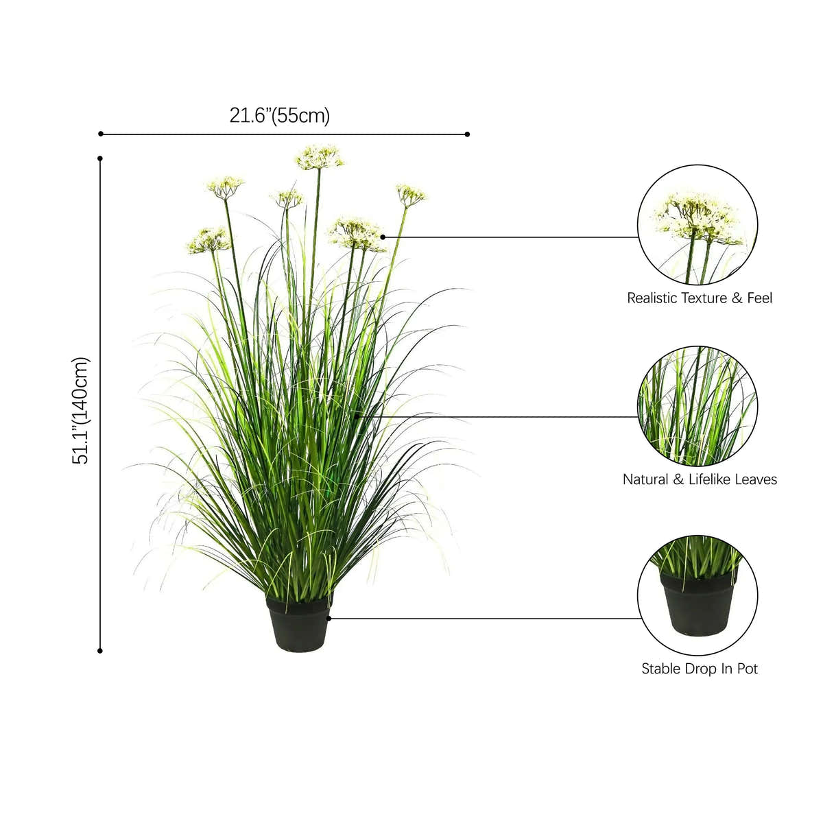 Artificial 7-Head Lace Flower with Curved Onion Grass Bonsai 55"H