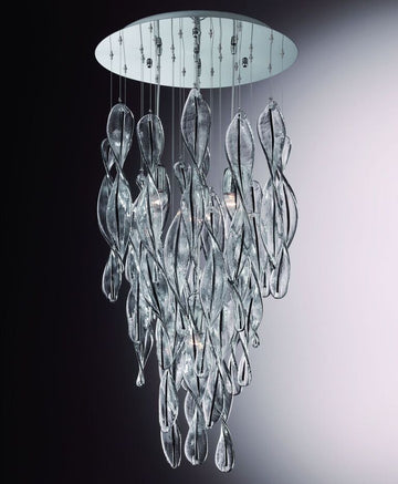 Modernist style canopy ceiling light with clear and black Murano piastra glass