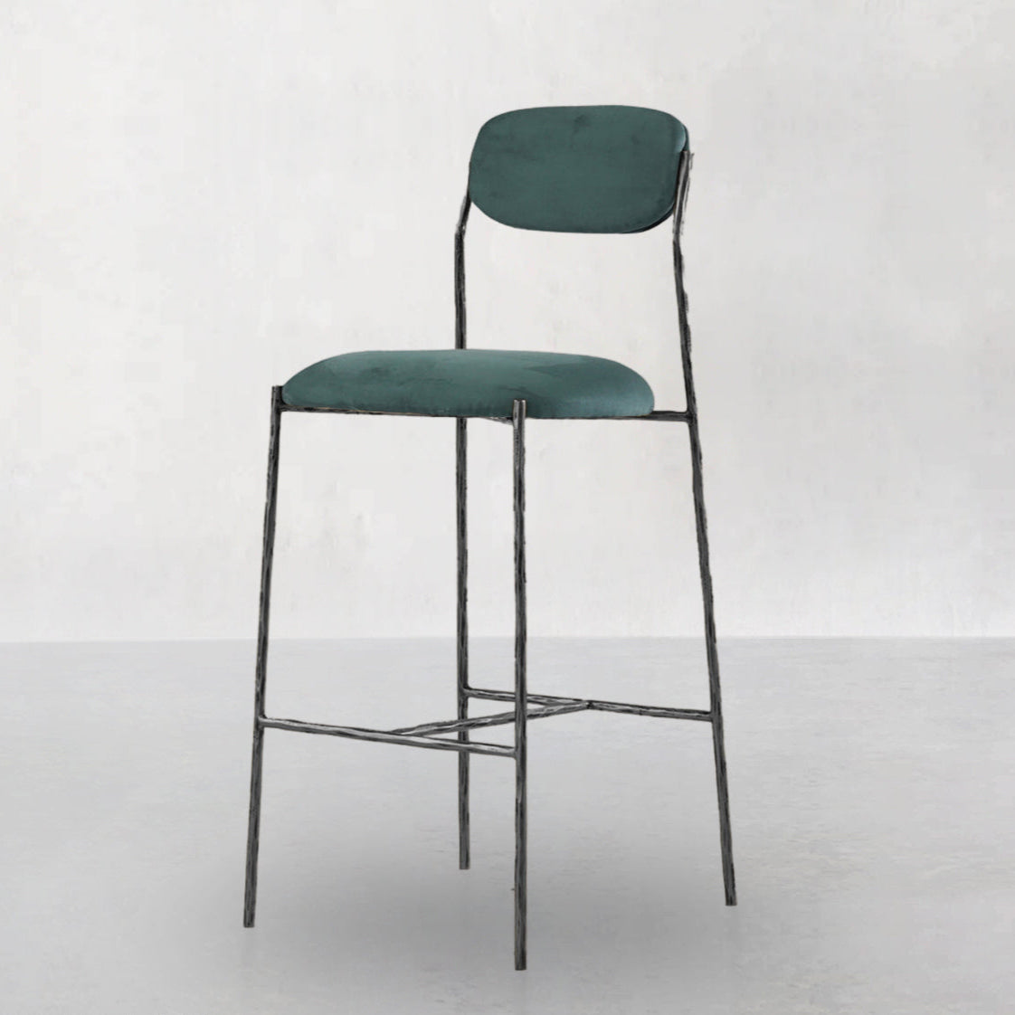 Hand-Forged Metal Green Fabric Bar Stool