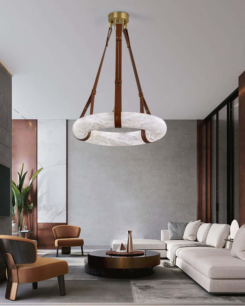 Oval Alabaster LED Large Pendant lamp with adjustable leather, Dia 16/24"