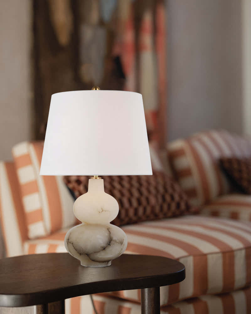 Art Design Arteriors Everly Alabaster Table Lamp Wide 15" with White Linen Fabric Lampshade