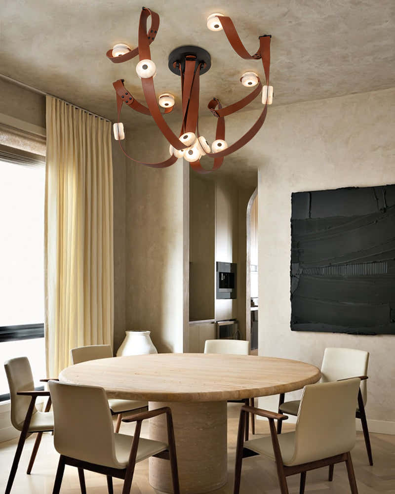 LED Mini SNAPS Module Ceiling Alabaster Pendant Light with Brown Leather Straps
