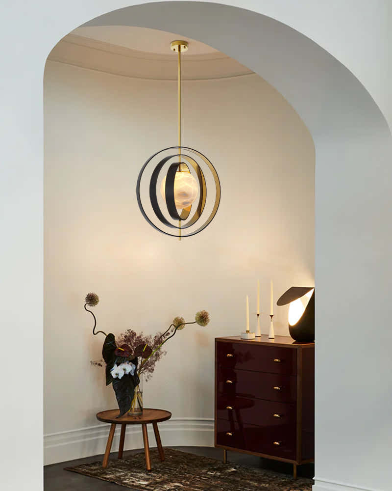 White Alabaster Round Ceiling Pendant Lamp - Gold & Bronze Rotatable Ring