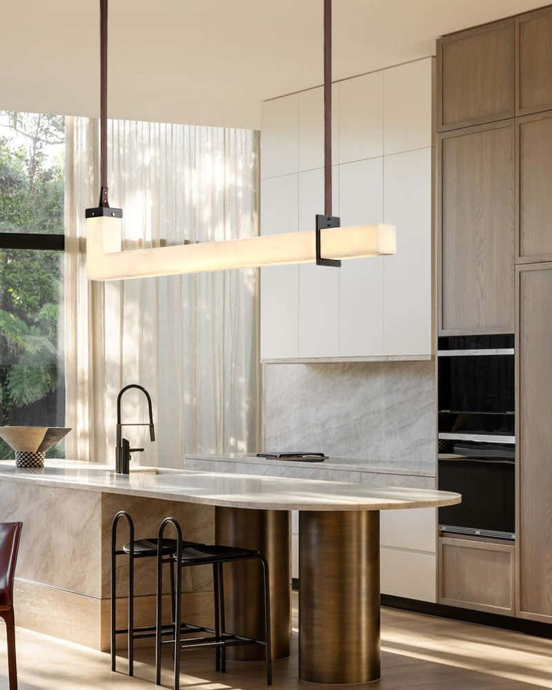 Up & Down Lighting Linear Brown Leather Alabaster Linear Pendant Lights Long 39“ 47”