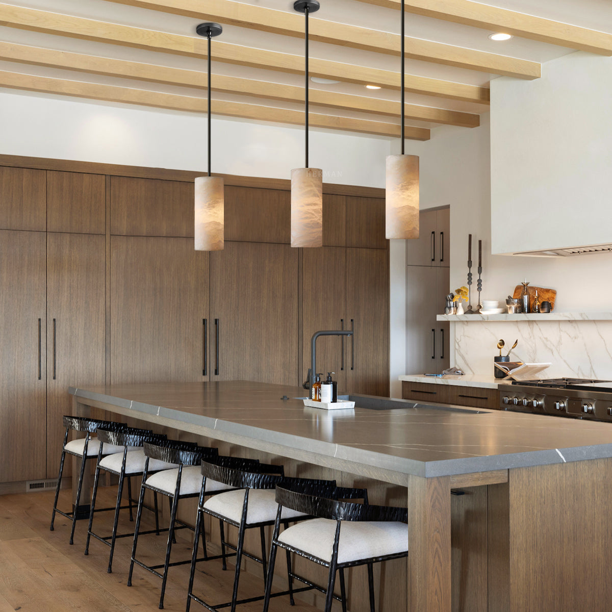 Hand Carved Alabaster Cylinder Pendant Light