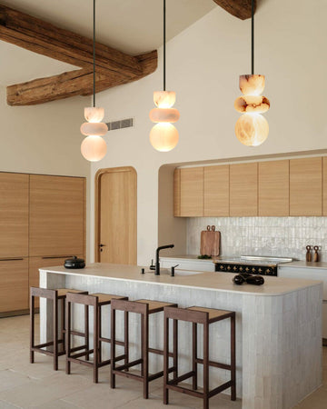 Modern Handcrafted  Spanish Stone Warm White Alabaster Pendant Chain Lighting