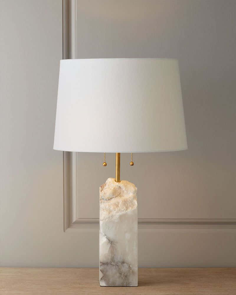 Dia 15" White Alabaster Table Lamp with linen tapered shade for living room bedroom
