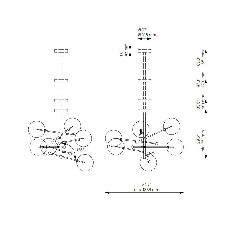 Aero Vertical Glass Globe Chandelier 6 - Light 55.63"