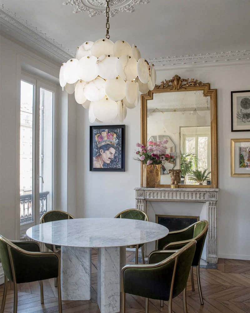 Multi layers Spanish White Alabaster Shell Marble Chandelier lamp in Brass