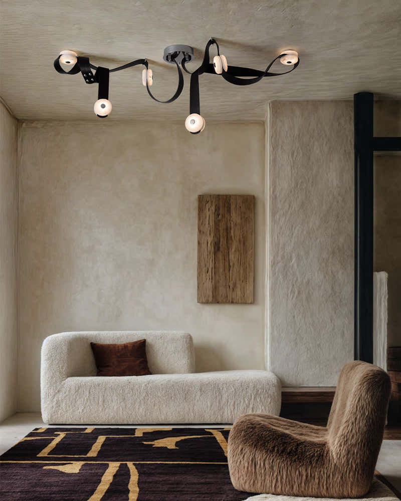 LED Mini SNAPS Module Ceiling Alabaster Pendant Light with Brown Leather Straps