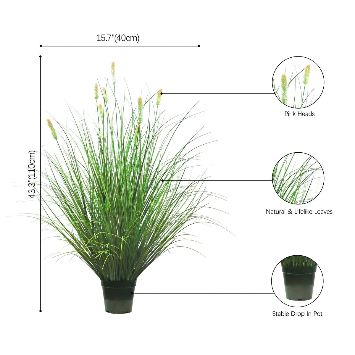 Artificial 8-Head Short Pine Grass with Curved Onion Grass Bonsai 43"H