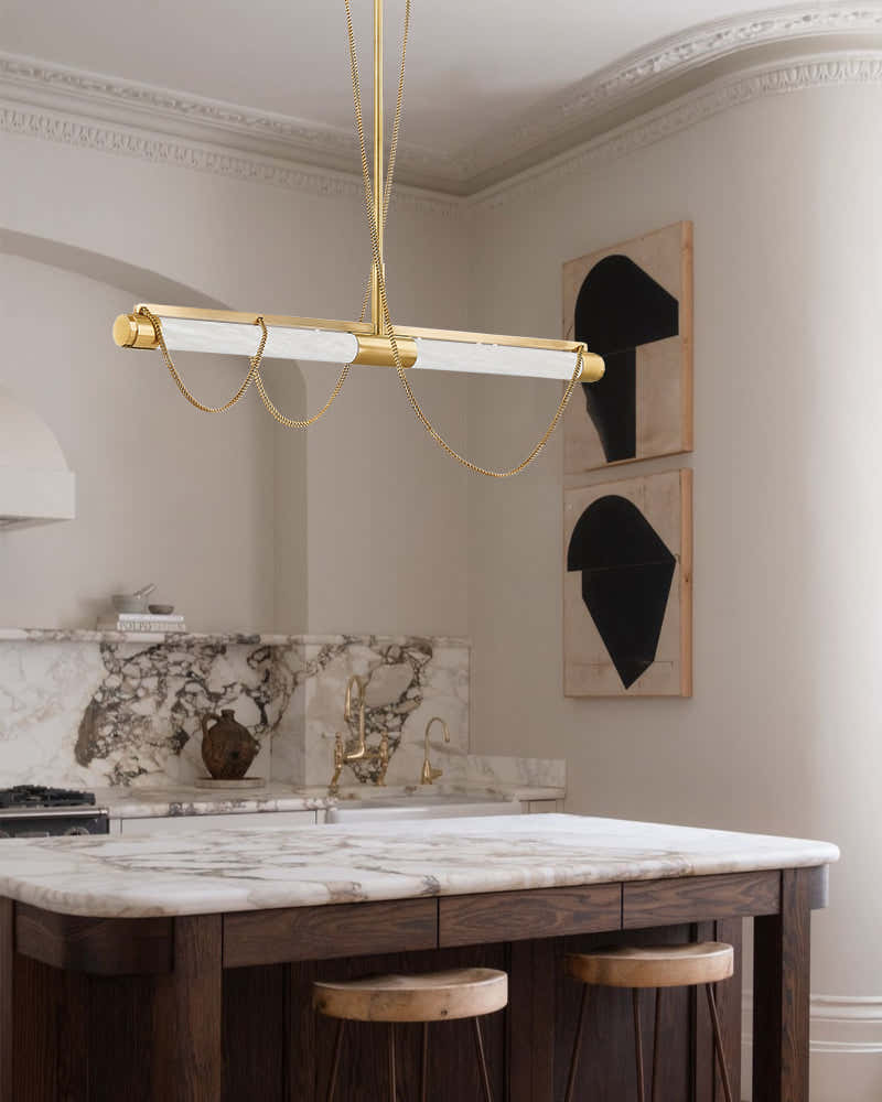 LED Tubular Alabaster Shades Ceiling Pendant Lamp 49" with long chains | Brass