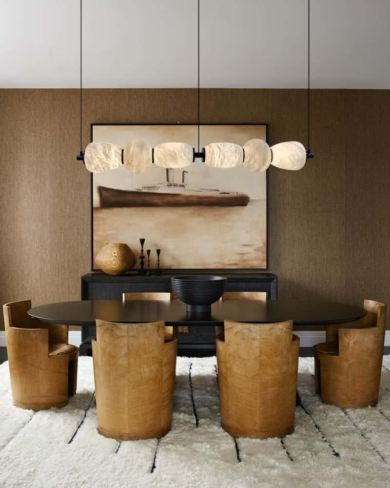 Modern Linear White Alabaster Solid Ball Thread Synthetic Shade Hanging Light for Dining