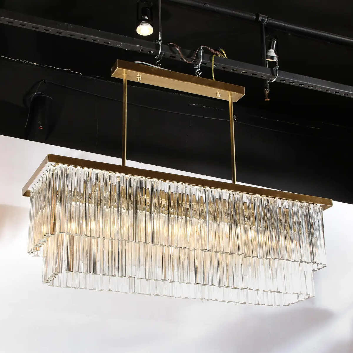 Modernist Two-Tier Transparent Triedre Murano Camer Glass Rectangular Chandelier