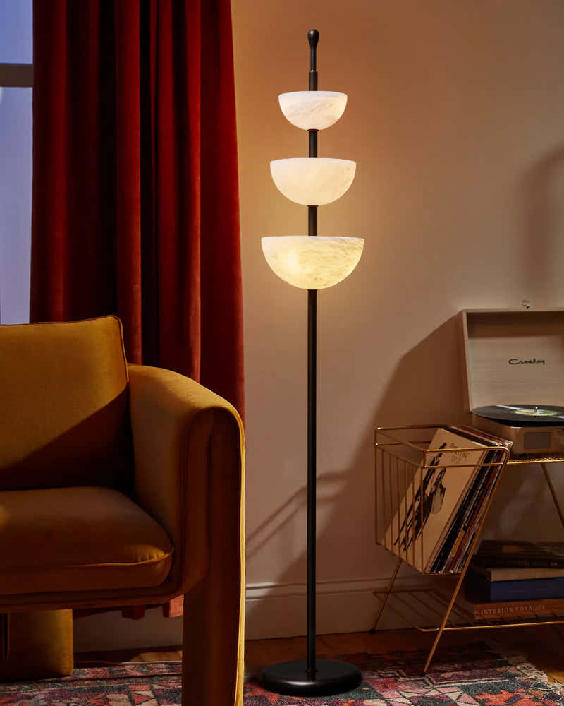 LED Bronze and Alabaster Triple Bowl Tall Floor Lamp 76in