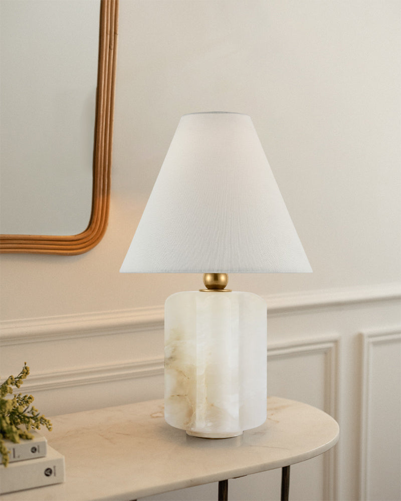 Art Design Arteriors Everly Alabaster Table Lamp Wide 15" with White Linen Fabric Lampshade