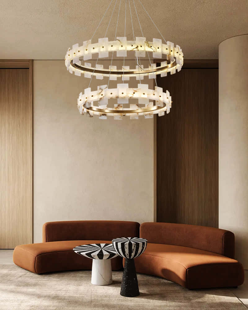 Antique Brass Ring Frame Round Halo Alabaster Modern Lighting Chandelier Wide 31"