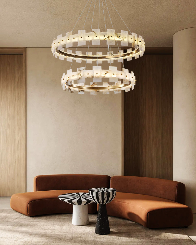 Antique Brass Ring Frame Round Halo Alabaster Modern Lighting Chandelier Wide 31"