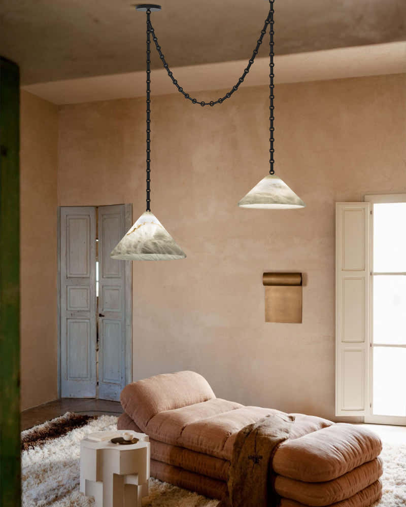 Medium 12" Conical Pendant White Alabaster Shade with Adjustable Chain for living room