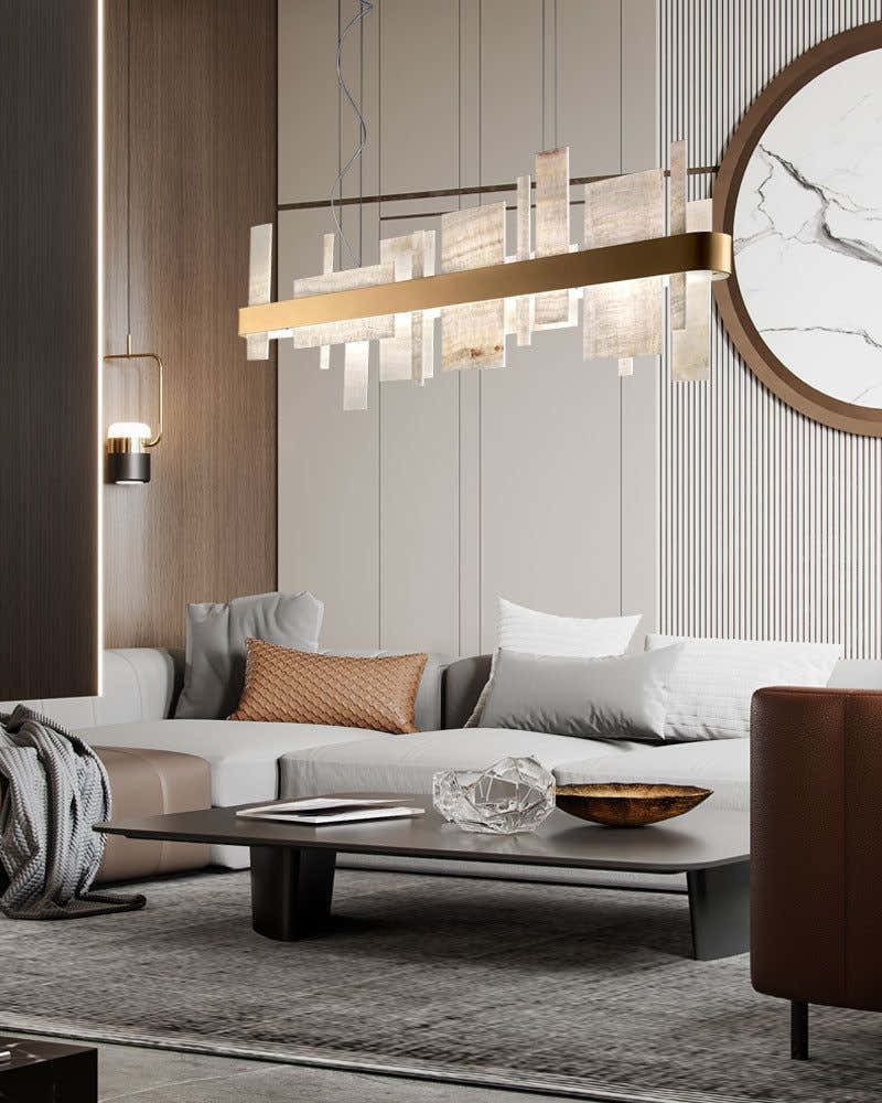 Long Cord Alabaster Ceiling Pendant Light Brushed Gold
