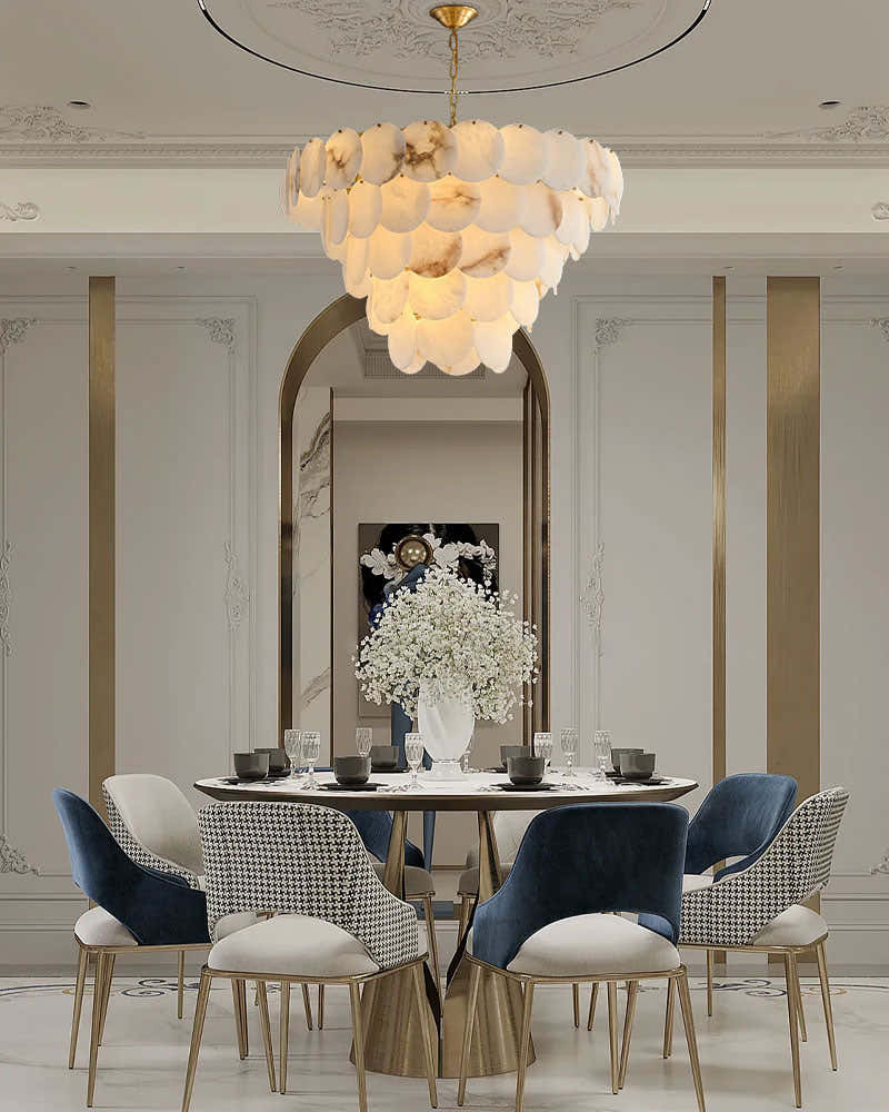 Multi layers Spanish White Alabaster Shell Marble Chandelier lamp in Brass