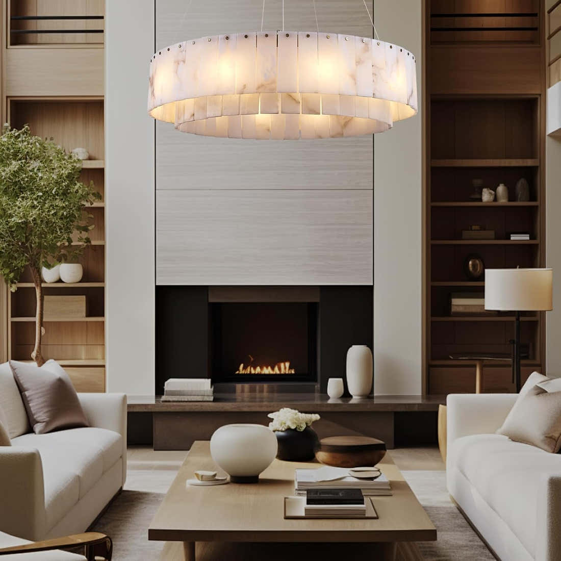 Alabaster Round Chandelier, Modern Marble Dining Room Chandelier 31'' - Fast Delivery-1-Luxehomezone