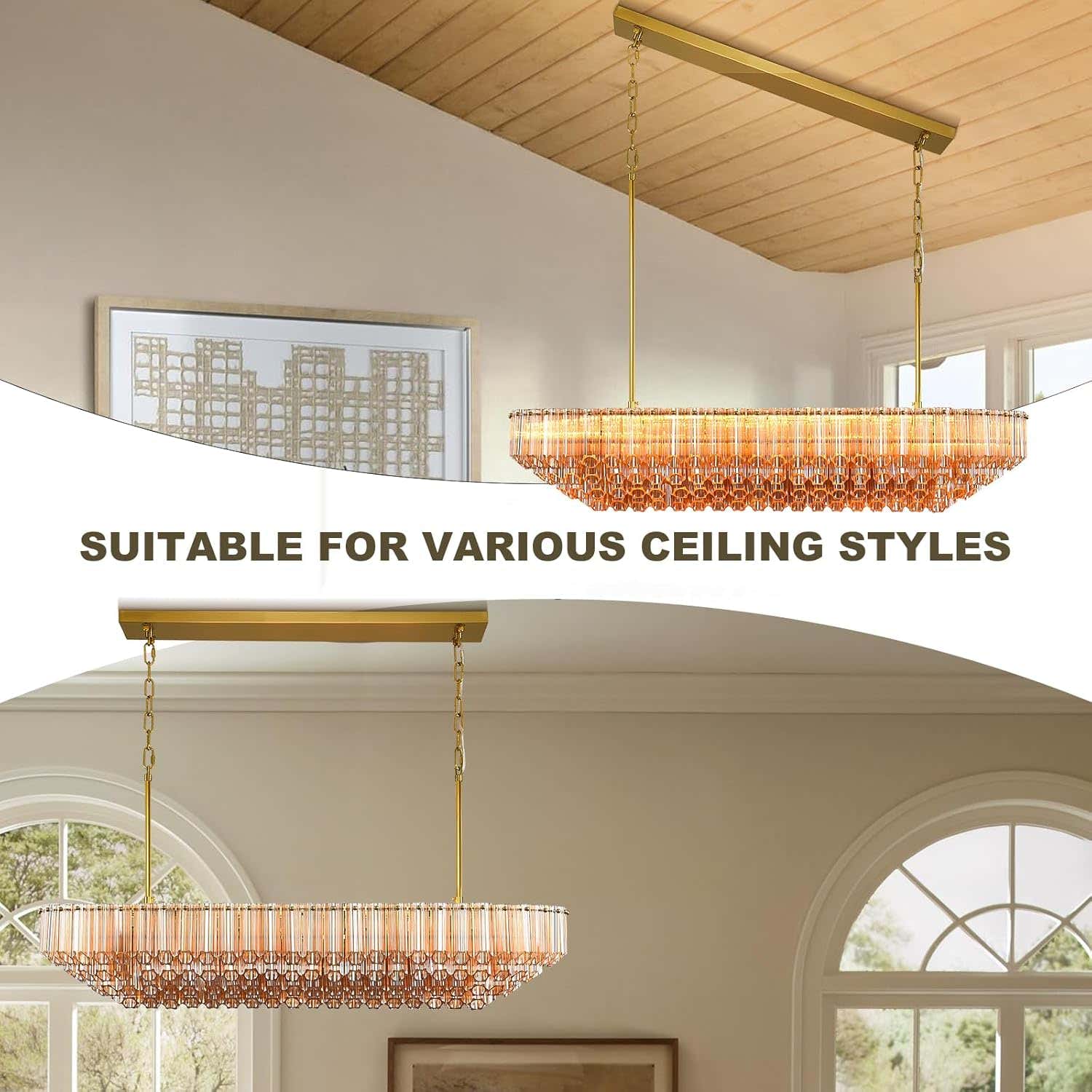 MDEGLYO Modern Amber and Clear Glass Chandelier 14" 32" 43"