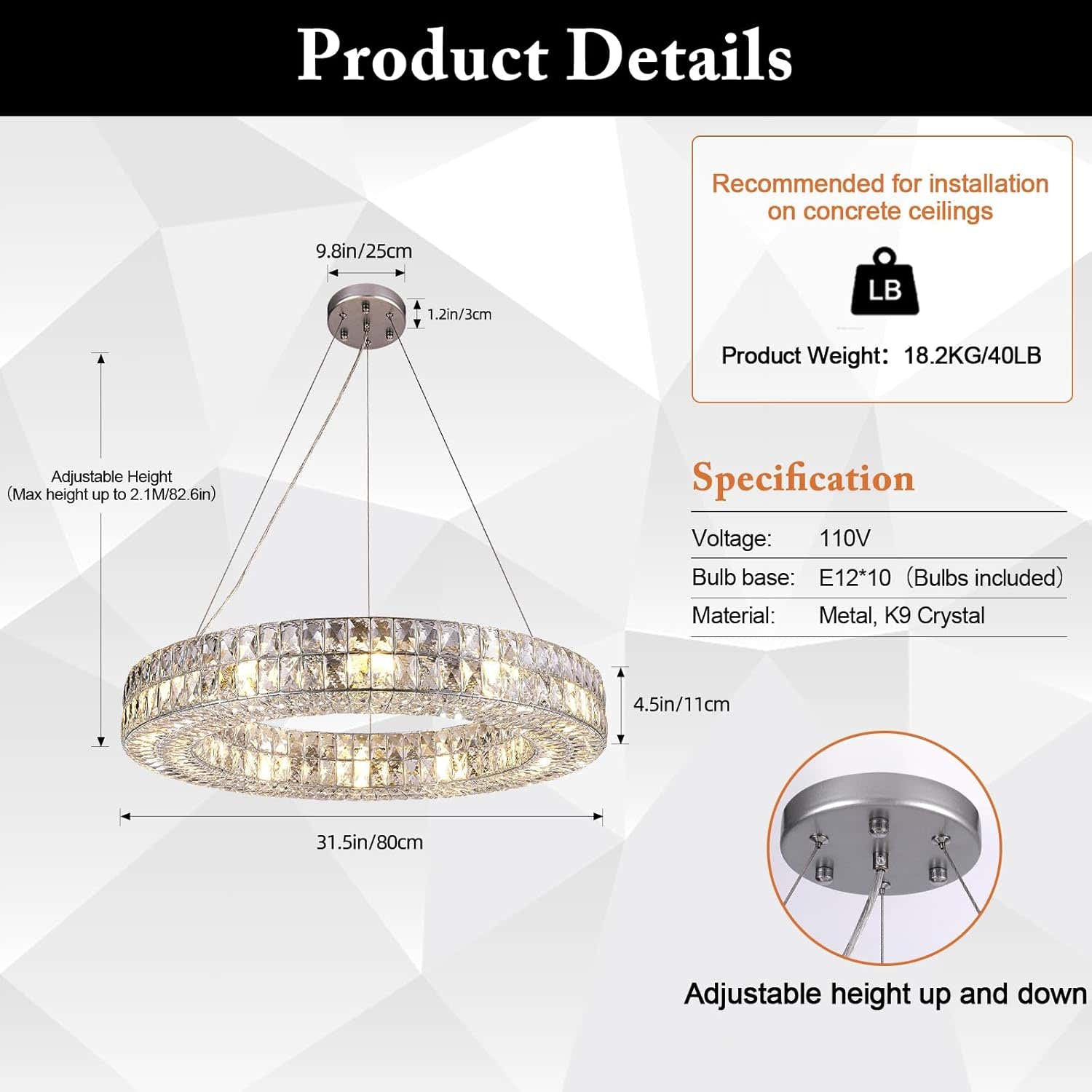 K9 Crystal Round/Rectangular Chandelier 32"