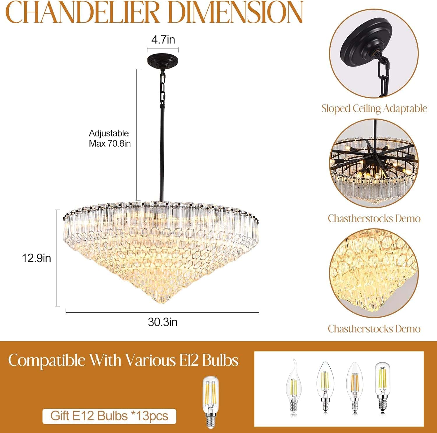 MDEGLYO Modern Amber and Clear Glass Chandelier 14" 32" 43"