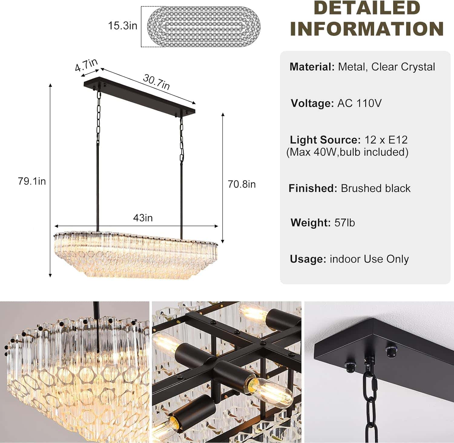 MDEGLYO Modern Amber and Clear Glass Chandelier 14" 32" 43"