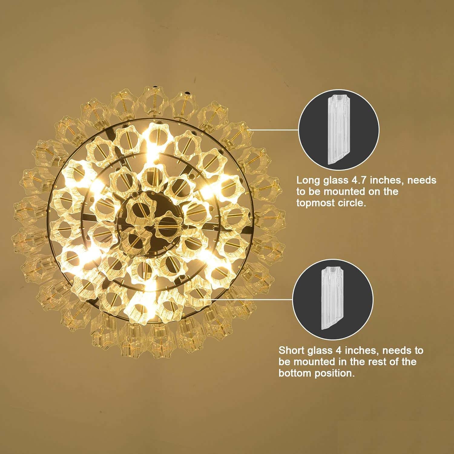 MDEGLYO Modern Amber and Clear Glass Chandelier 14" 32" 43"