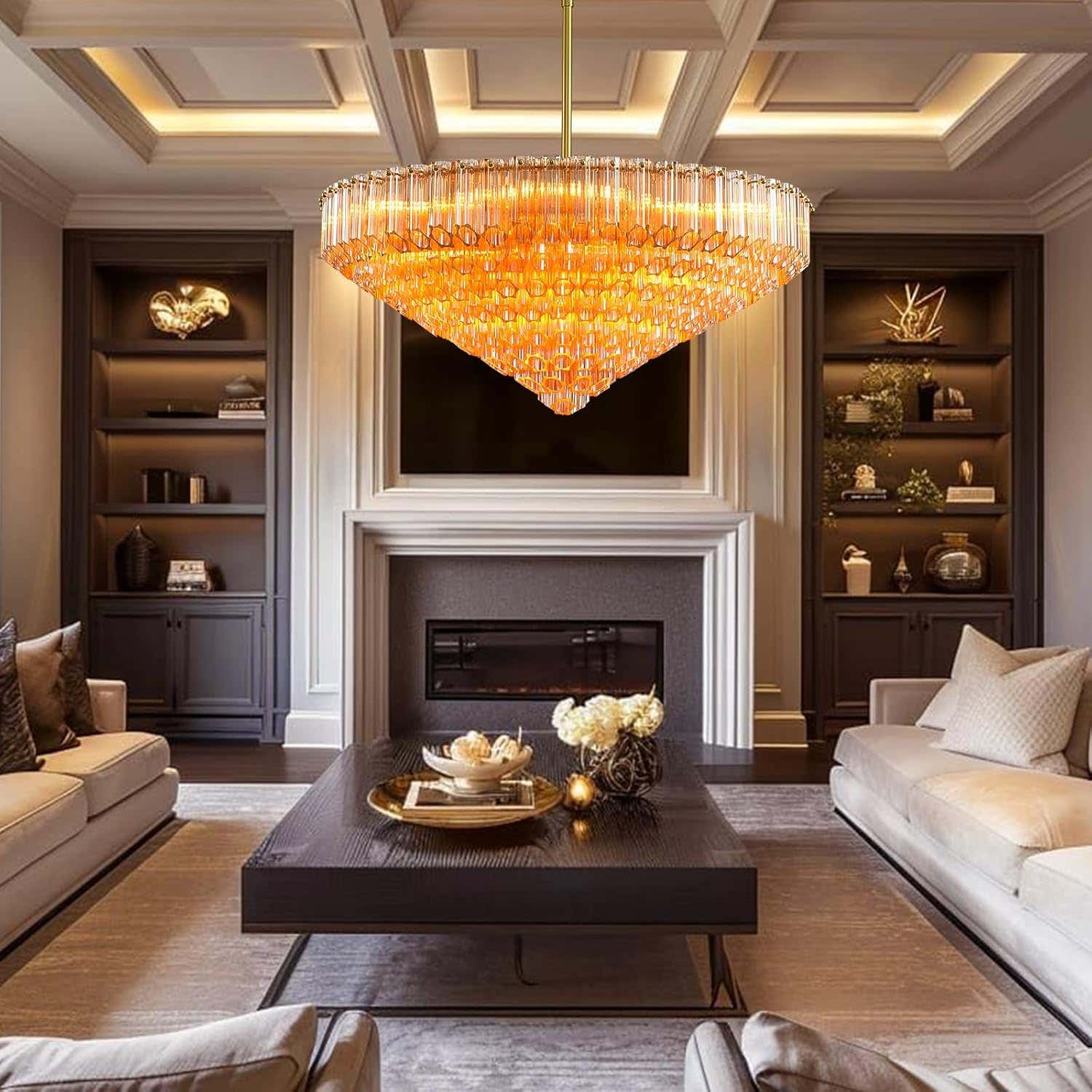 MDEGLYO Modern Amber and Clear Glass Chandelier 14" 32" 43"