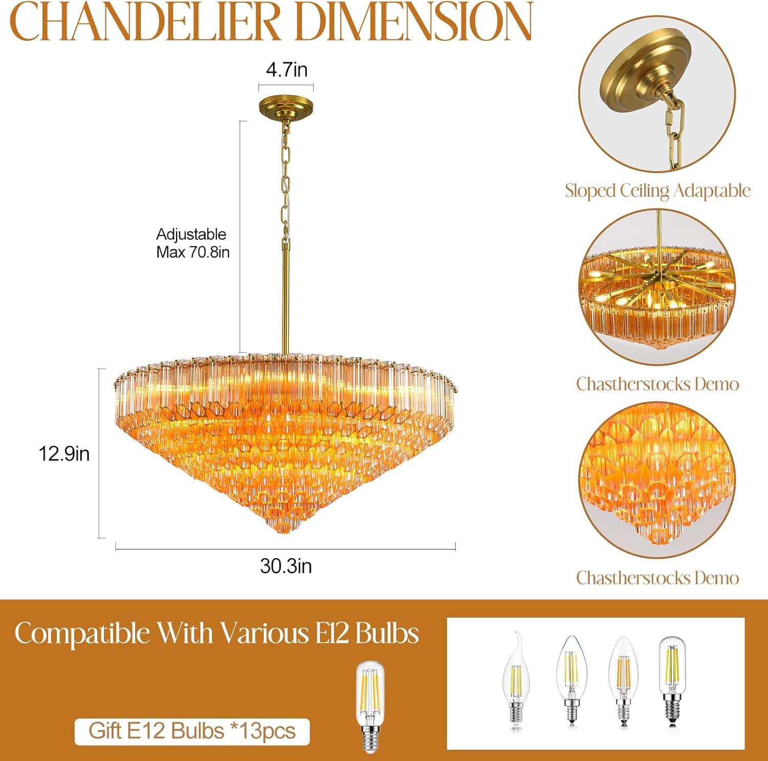 MDEGLYO Modern Amber and Clear Glass Chandelier 14" 32" 43"