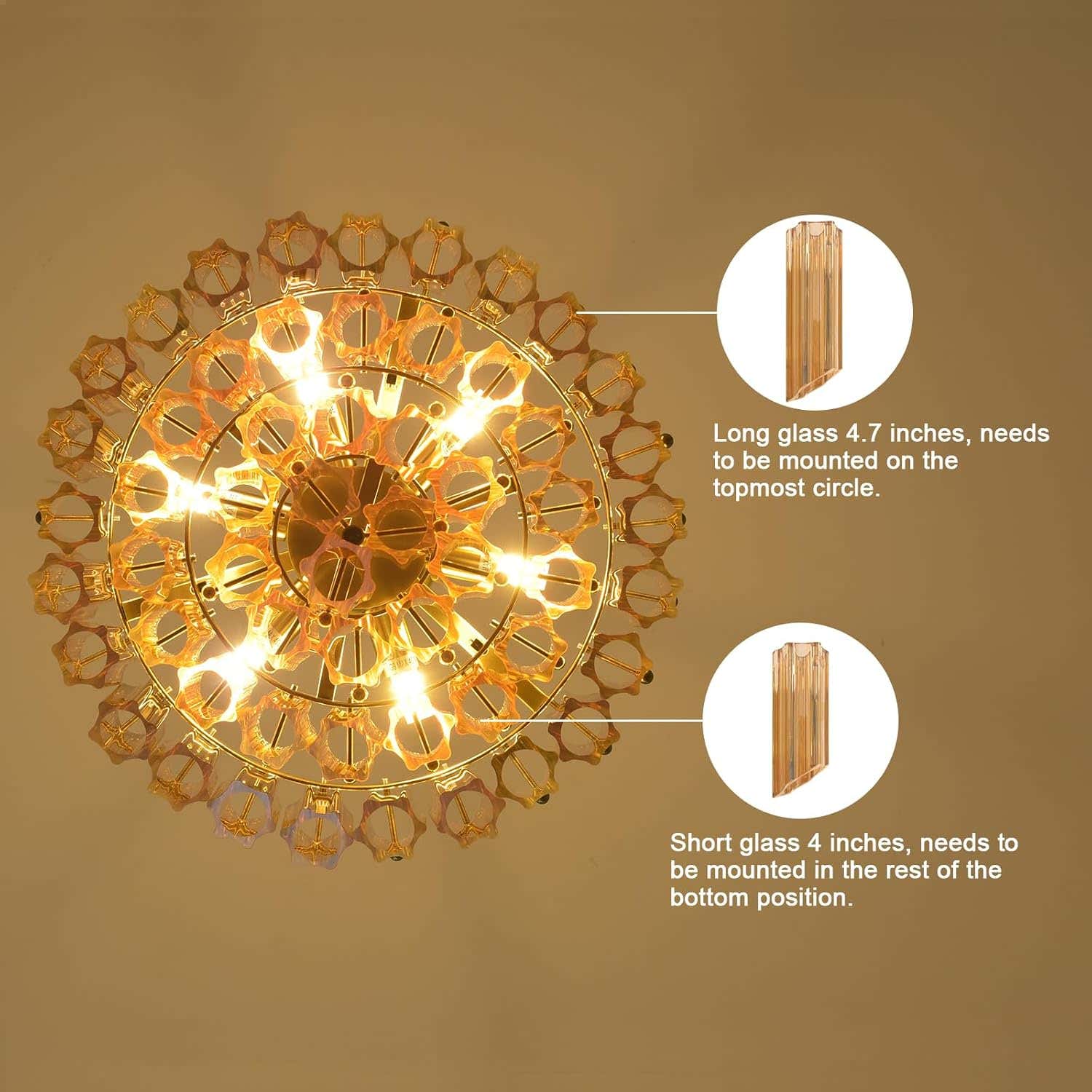 MDEGLYO Modern Amber and Clear Glass Chandelier 14" 32" 43"