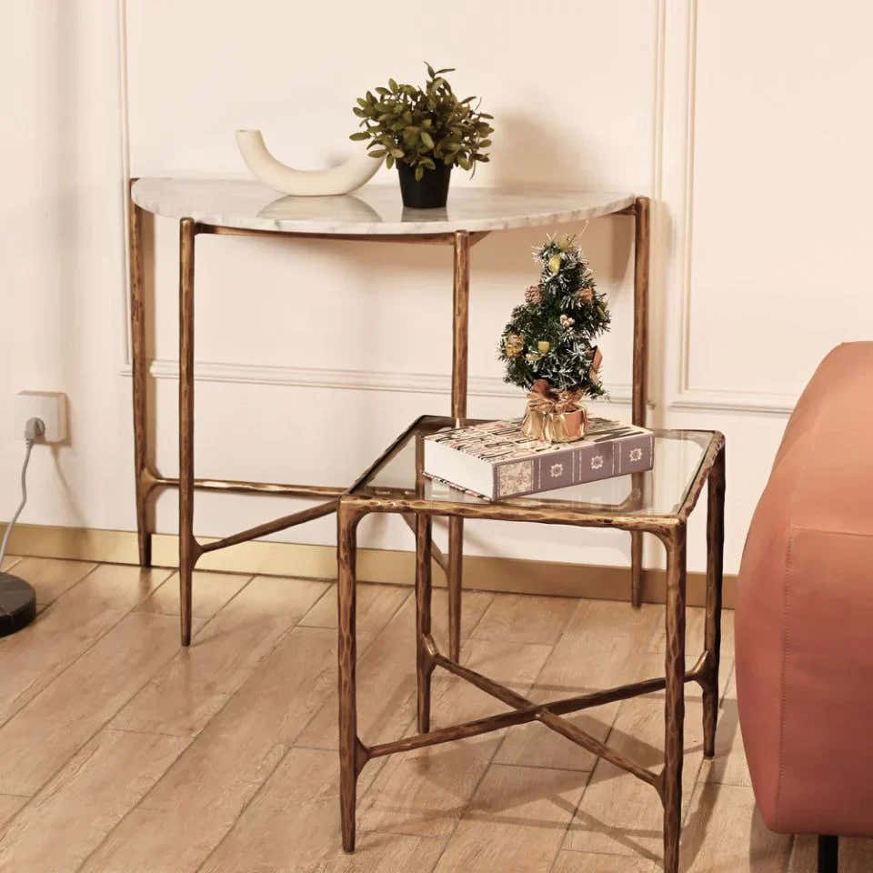 Hand-Forged Metal Semi-Circle Marble Console Table