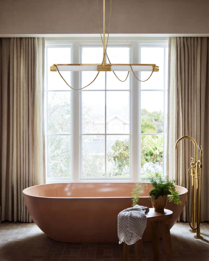 LED Tubular Alabaster Shades Ceiling Pendant Lamp 49" with long chains | Brass