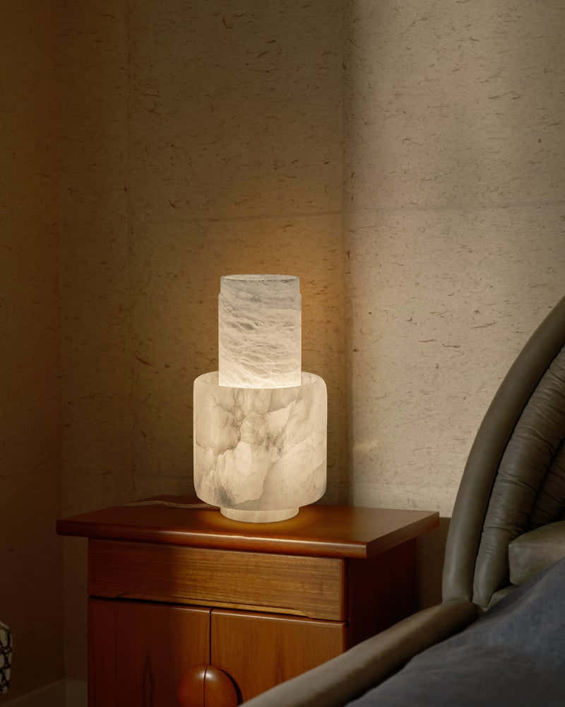 Nature Inspired Cylinder White Alabaster Short Table Lamp 8in for bedroom